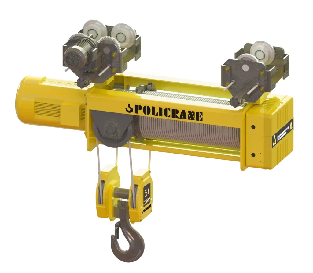 Grúa eléctrica amarilla con logotipo “POLICRANE”.