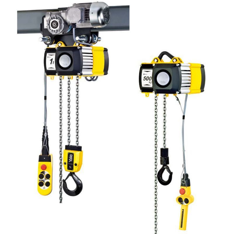 Dos polipastos de cadena eléctricos de color amarillo y negro; uno montado sobre un carro y otro suspendido, con controles remotos.