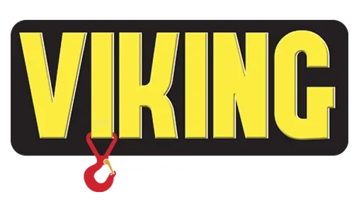 Logotipo de VIKING con texto amarillo sobre fondo negro, gancho de remolque rojo colgando debajo.