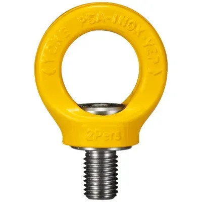 Perno de ojo de elevación amarillo con base roscada.
