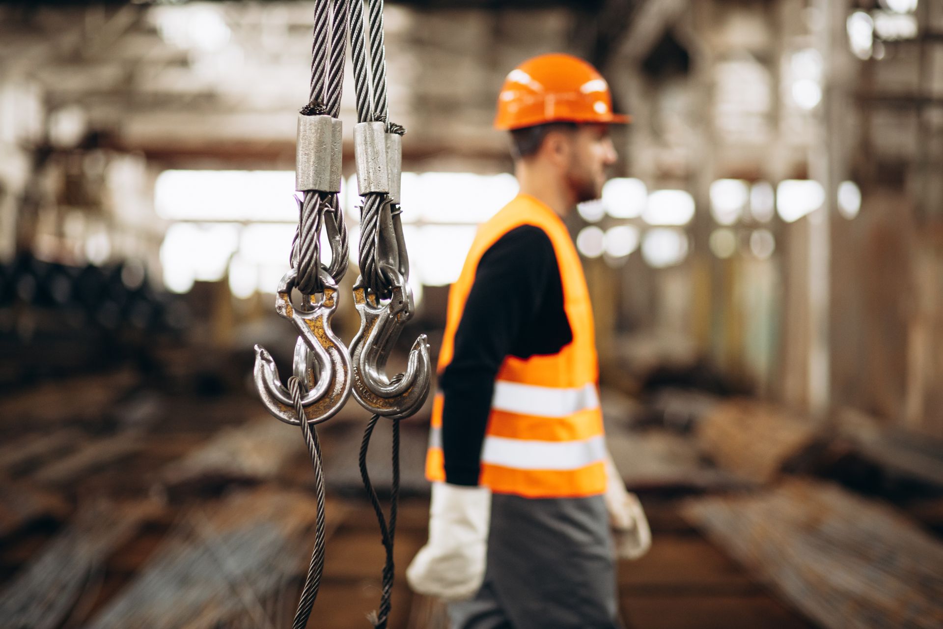Trabajador con chaleco naranja y casco, cerca de los ganchos de la grúa, en un almacén.