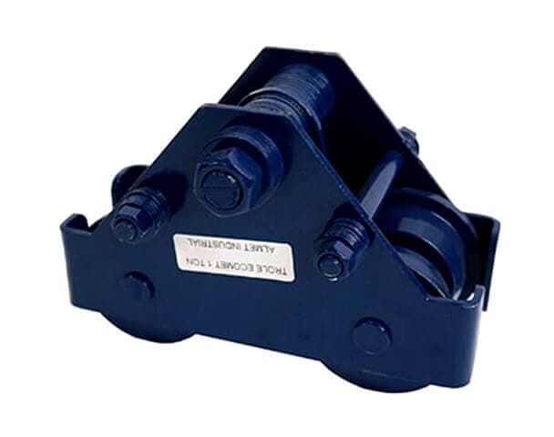 Carro azul diseñado para un sistema de vías industriales.