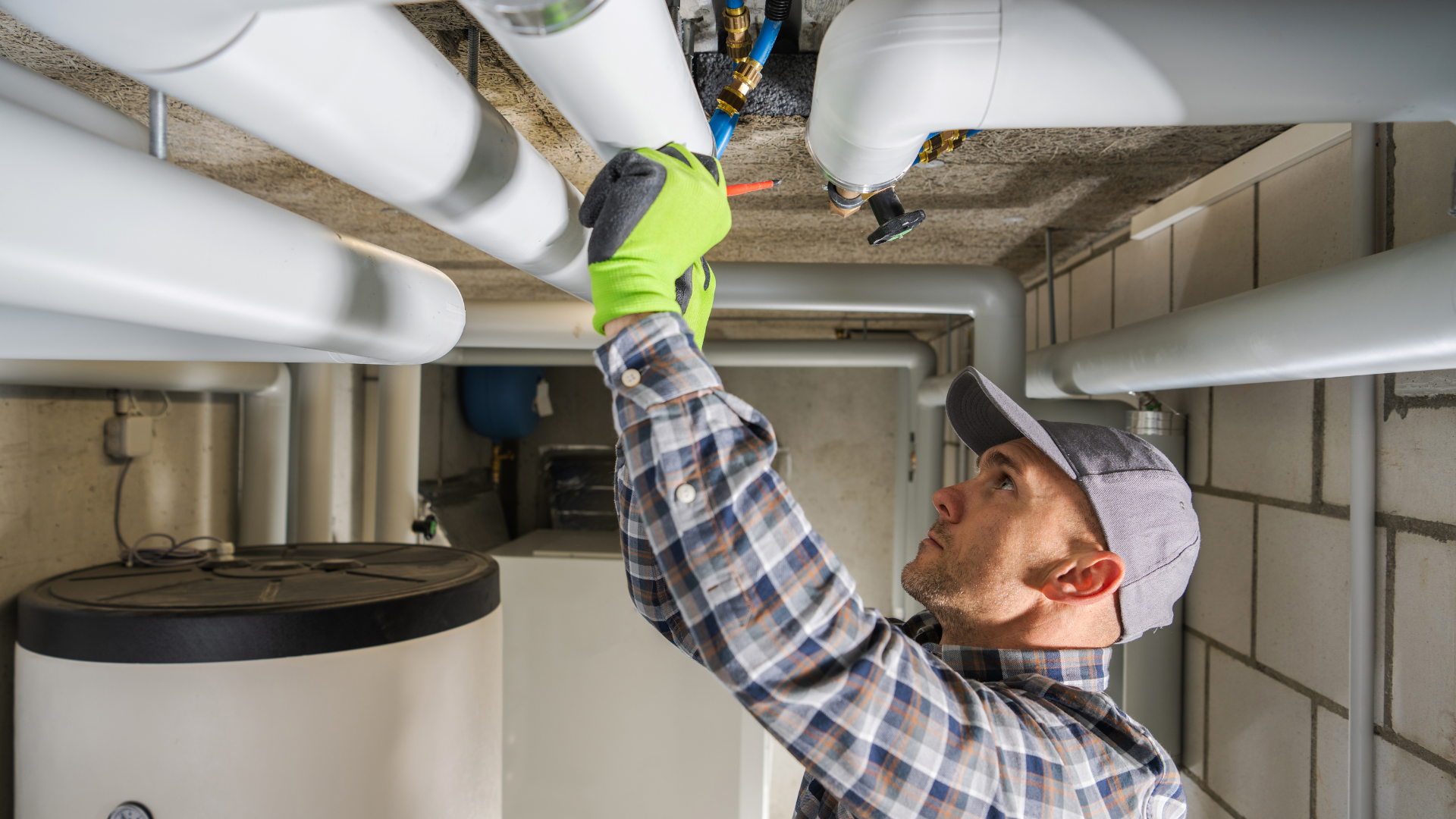 Plumber in a basement, wearing gloves, working on overhead pipes near a water heater.