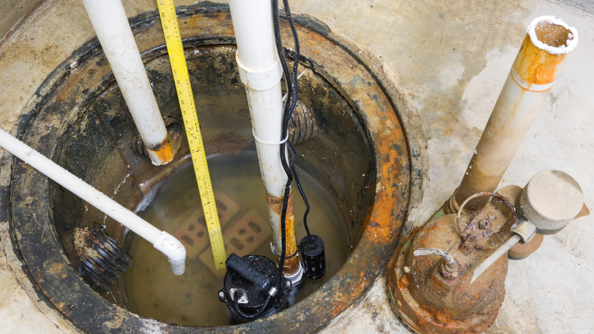 Sump pit with a pump. Water, pipes, and a measuring tape are visible.
