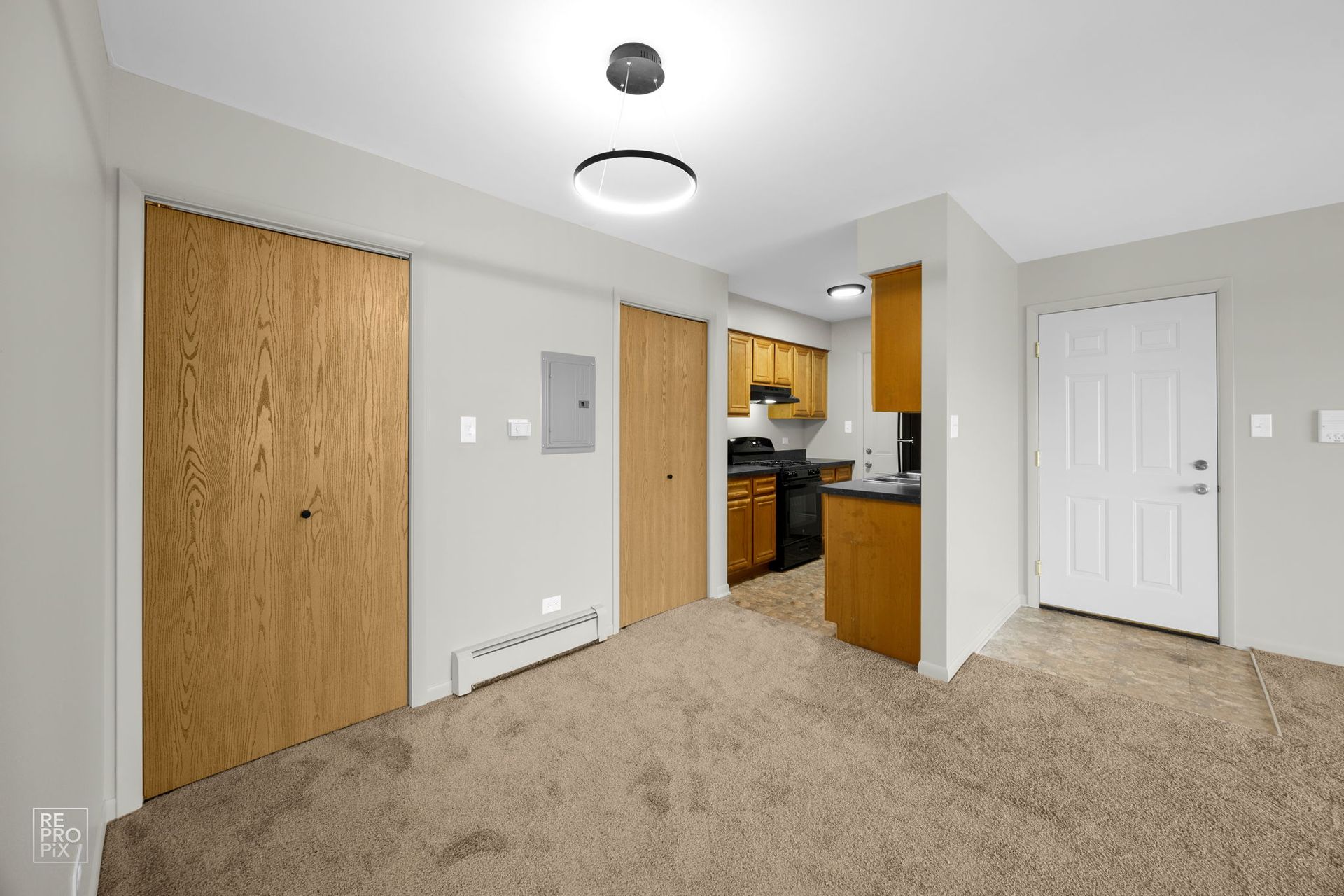 A small apartment with tan carpet, two wood doors, and a kitchen visible in the back.