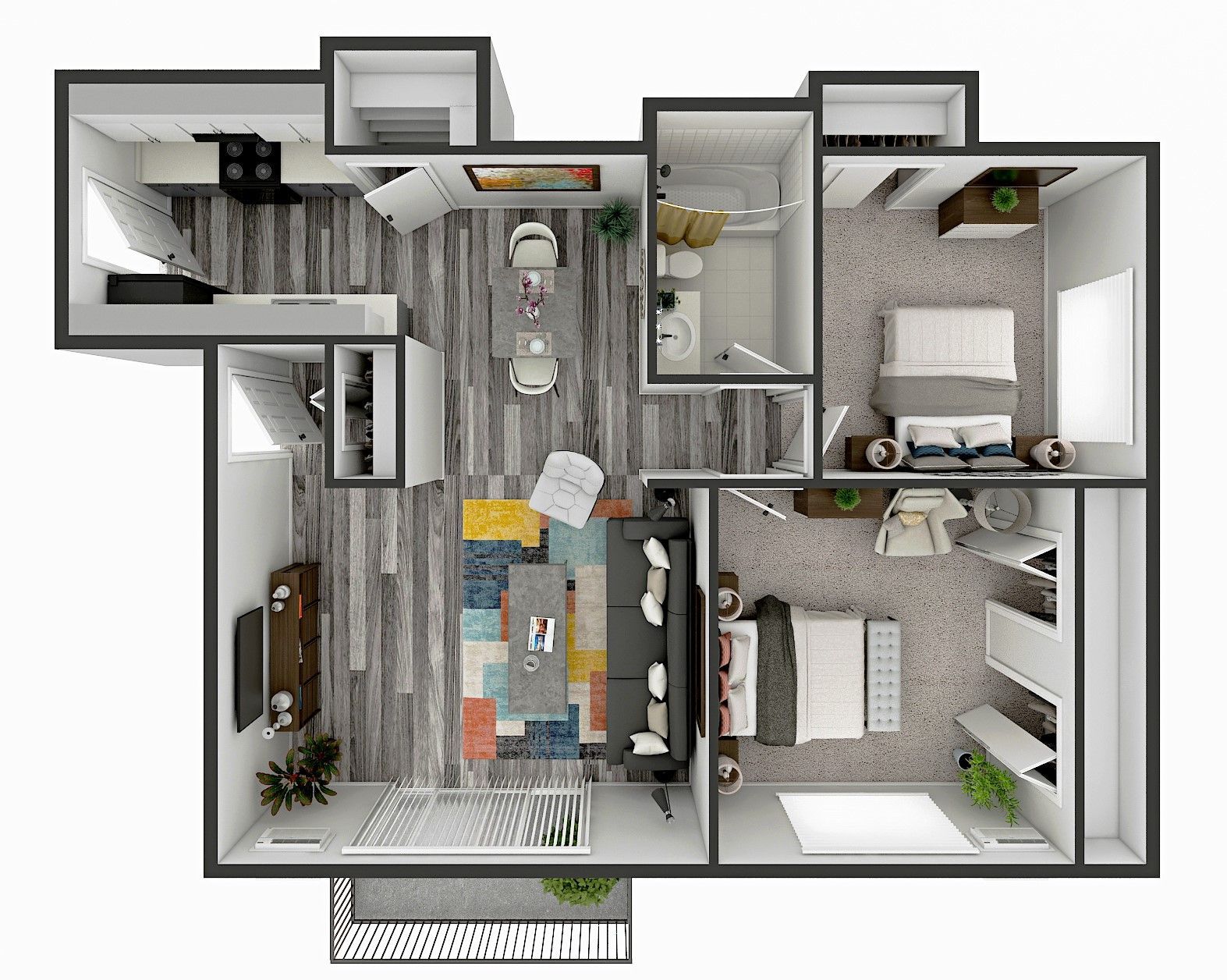 Floor plan of a two-bedroom apartment with living area, kitchen, and two bathrooms.