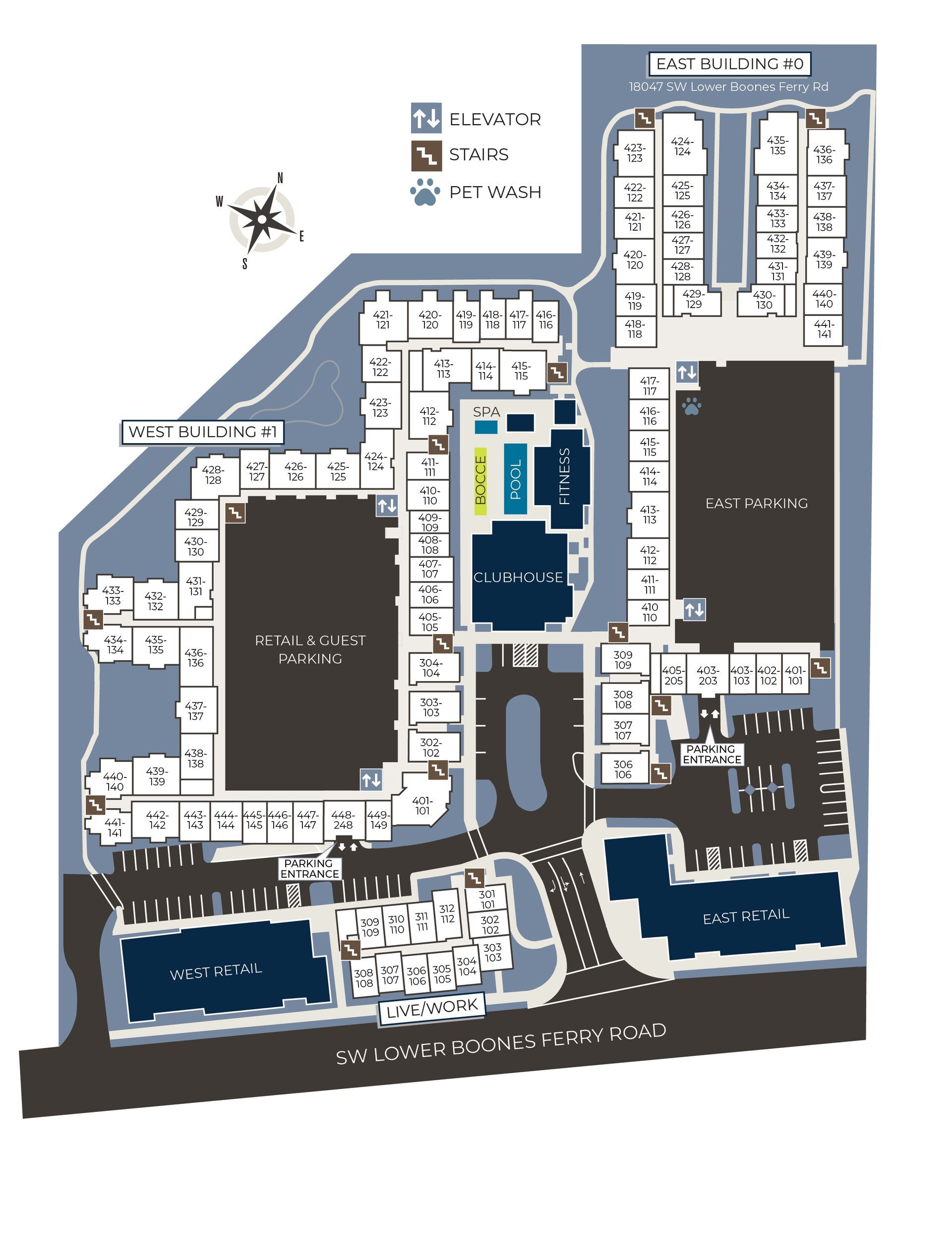 Floor plan of a complex with buildings, parking, and a pool. Blue and gray tones.
