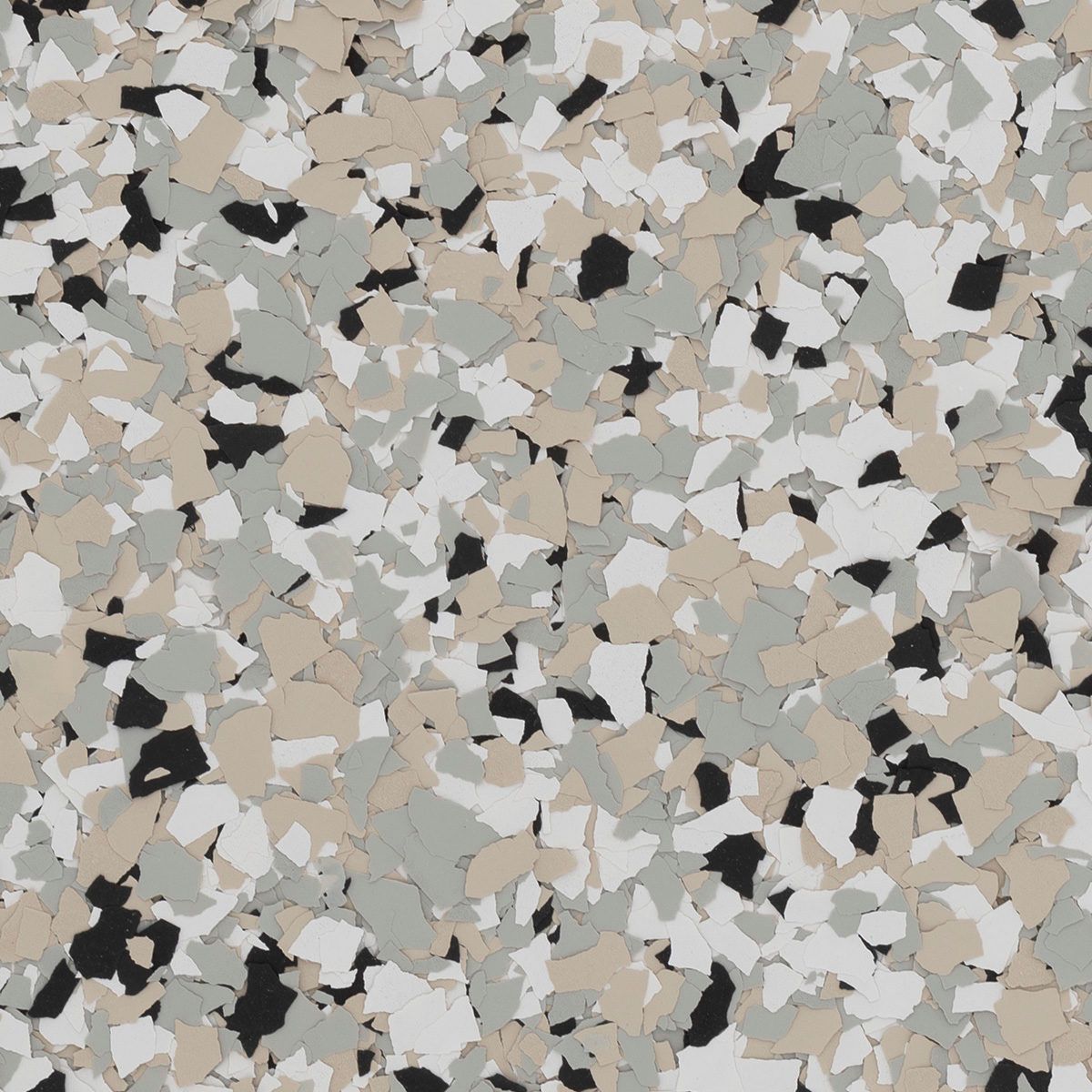 Speckled floor with black, white, gray, and beige chips.