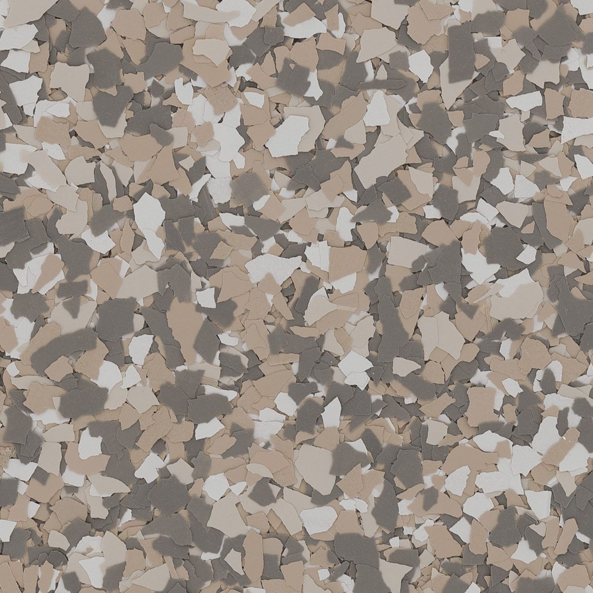 Speckled floor covering with tan, gray, and off-white chips.