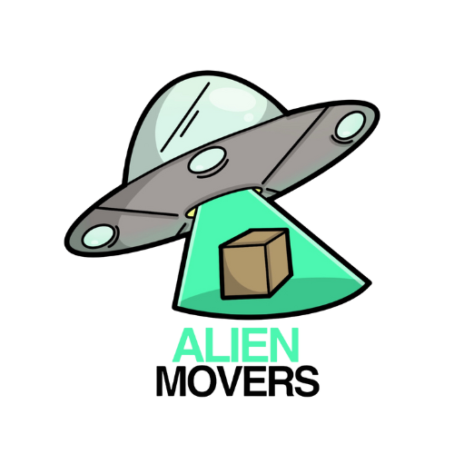 Alien Movers logo with UFO and moving box.