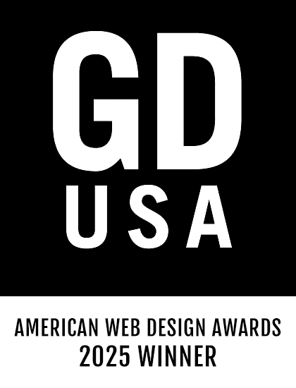 GD USA American Web Design Awards 2025 Winner logo, white text on black square: