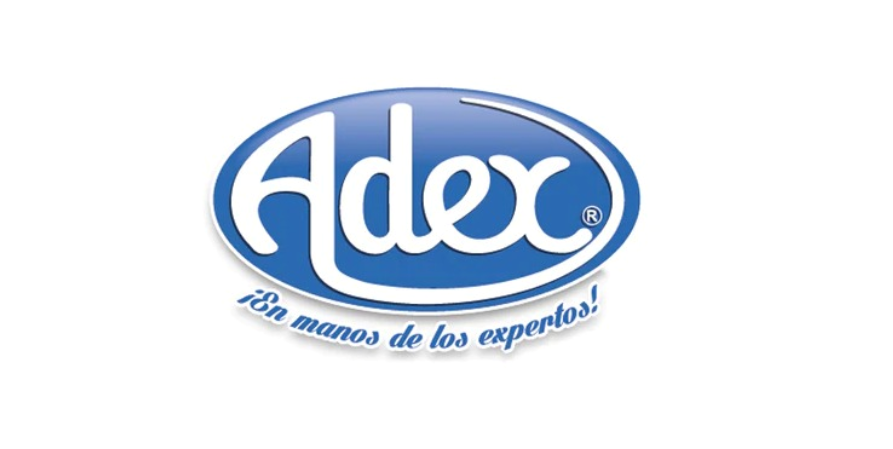 Un logotipo de Adex azul y blanco sobre un fondo blanco.