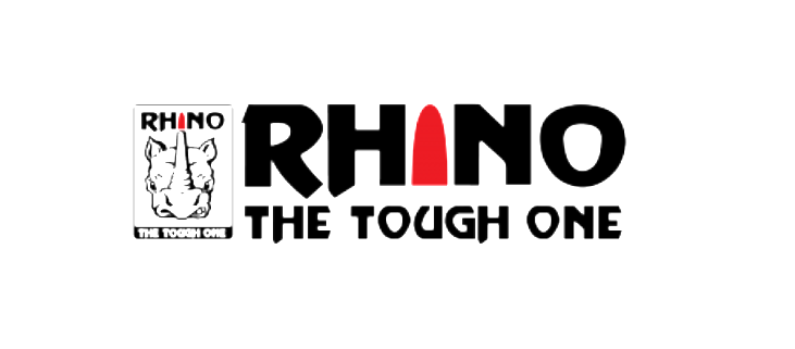 Un logotipo para Rhino The Tough One con un rinoceronte en él.