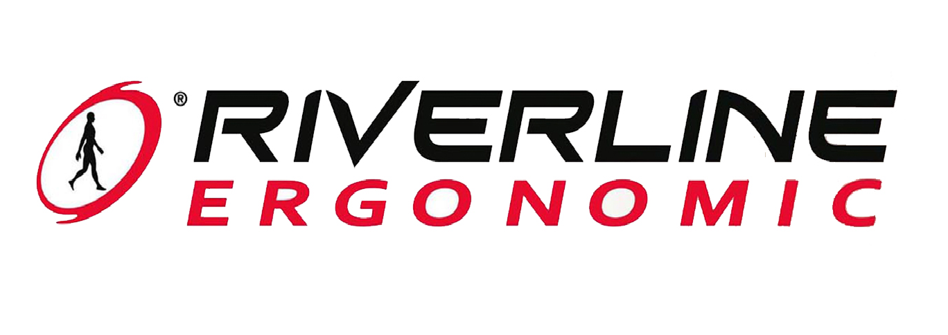 El logotipo de Riverline Ergonomic es negro y rojo con una persona en el medio.