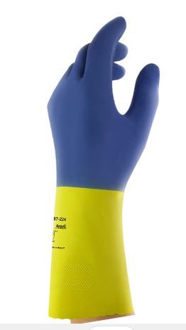 Un par de guantes de goma azules y amarillos sobre un fondo blanco.