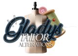 A logo for gladys tailor alterations with a mannequin