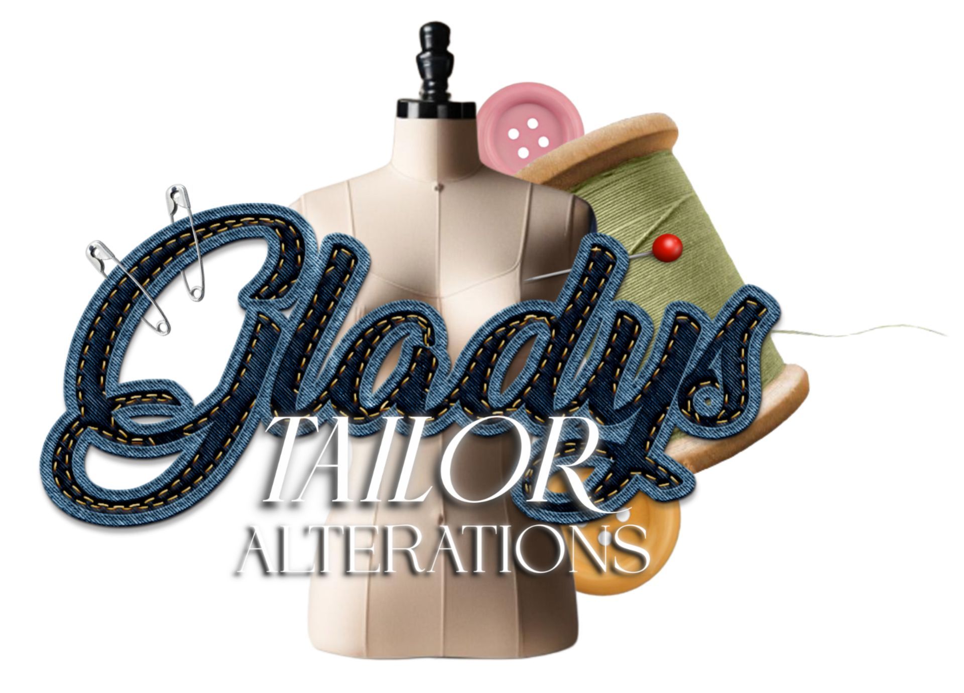 A logo for gladys tailor alterations with a mannequin