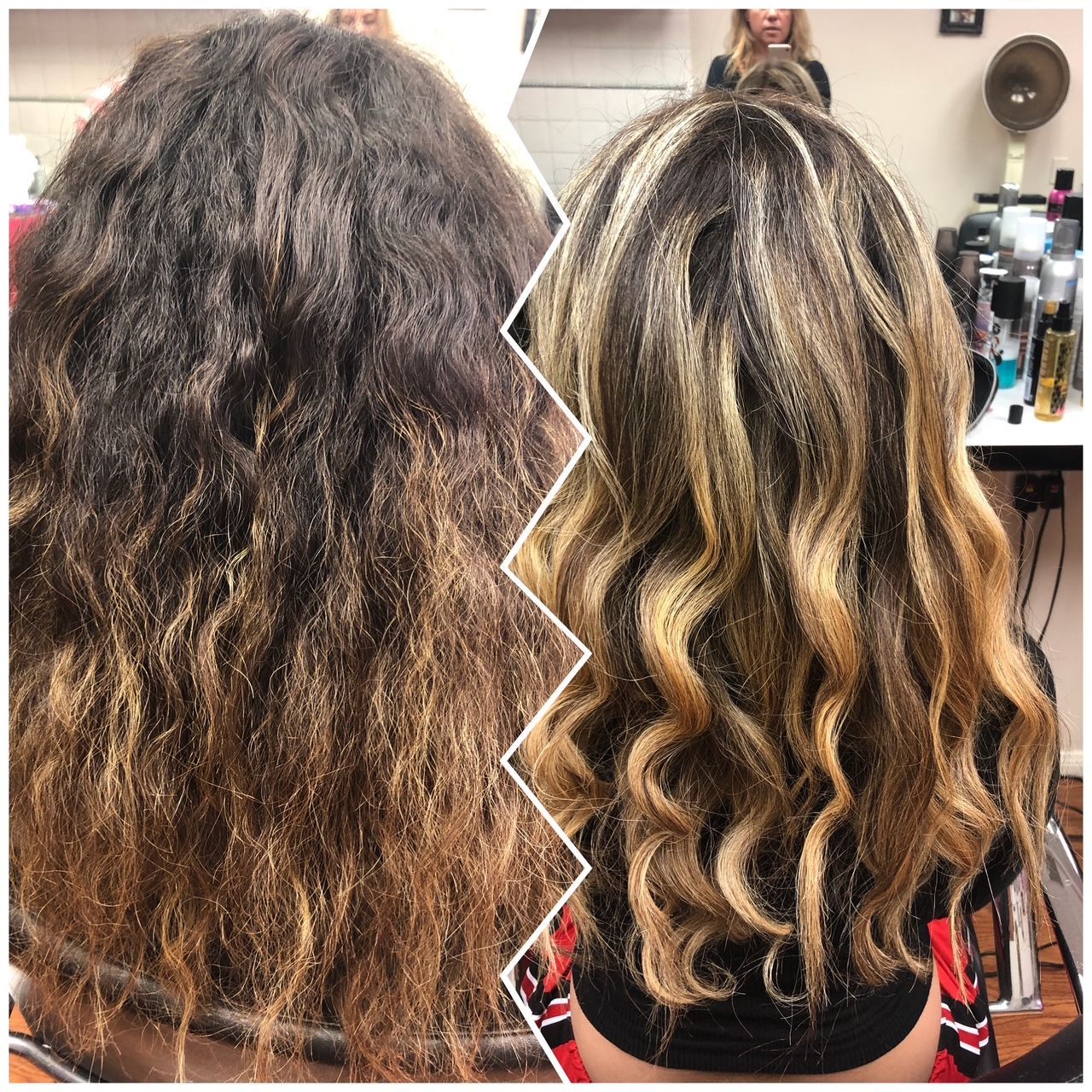 Hair transformation: Dark, damaged hair becomes long wavy blonde and brown highlights.