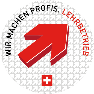 A red arrow pointing up with the words wir machen profis lehrerbetrieb