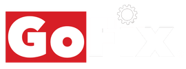 A red and white logo with the word go and a gear.