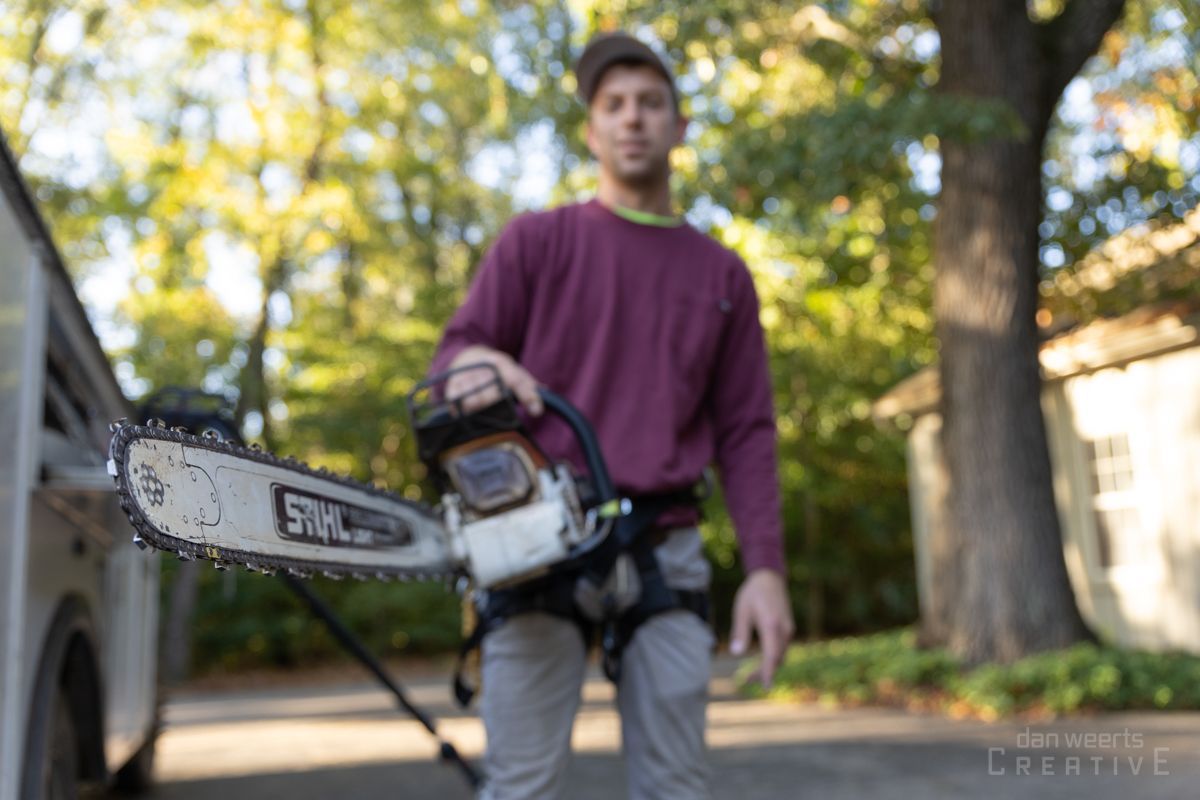 A man in a purple shirt is holding a chainsaw.
