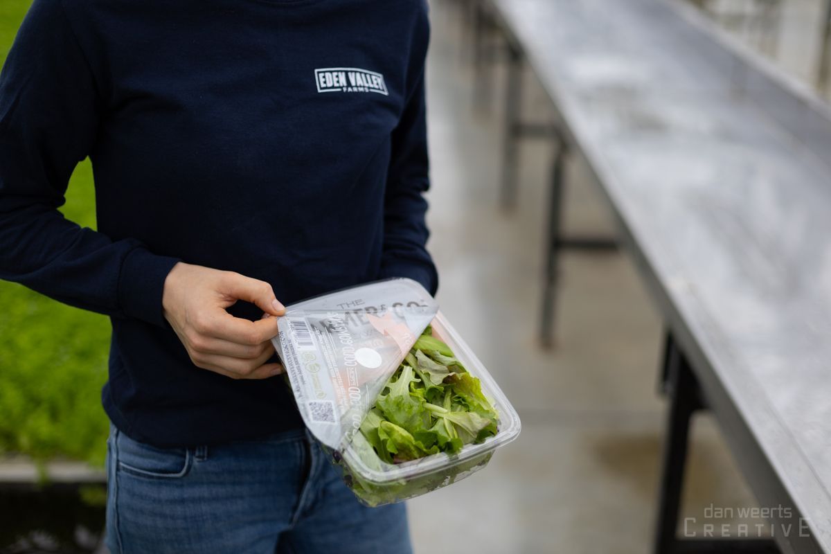 A woman in a blue shirt is holding a plastic container of lettuce.