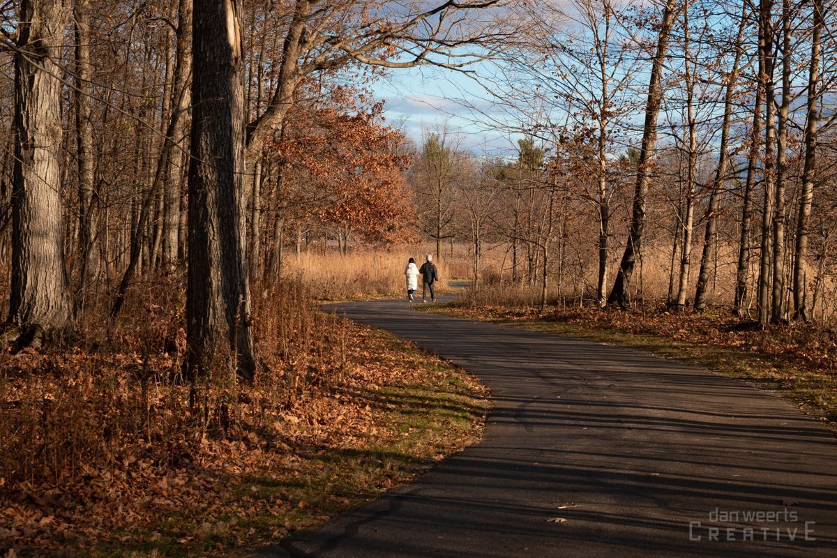 Two people are walking down a path in the woods.
