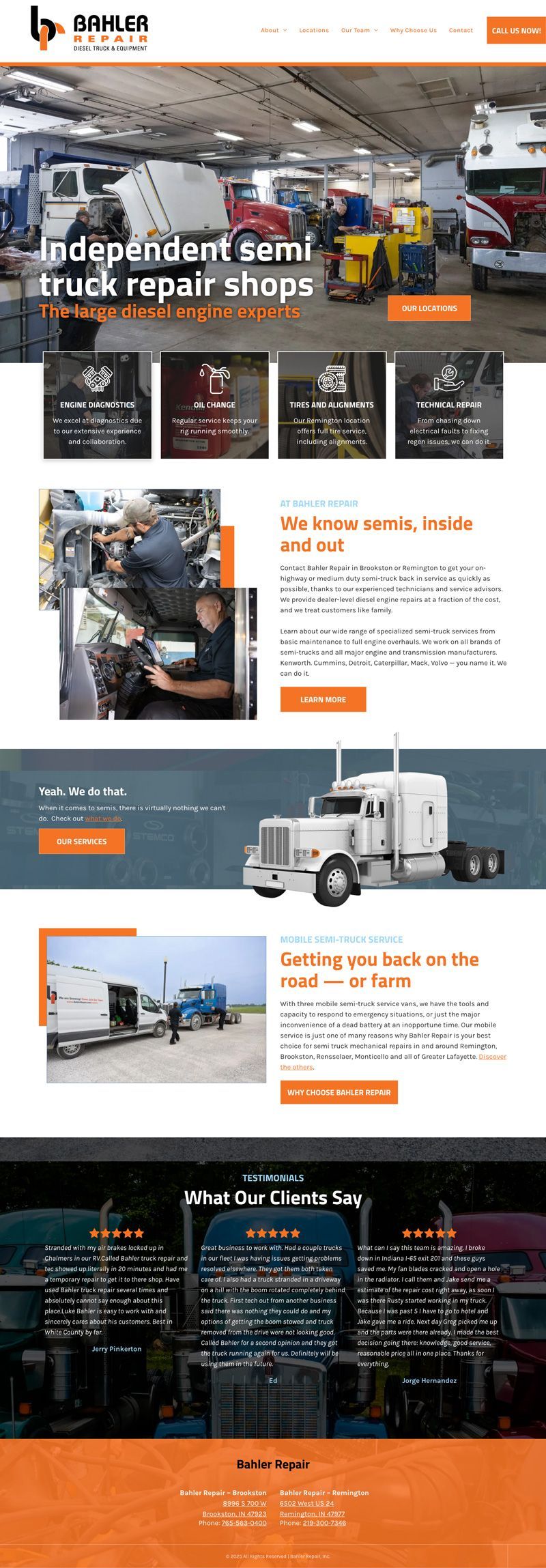 Homepage of a Bahler Repair website a semi-truck repair shop.