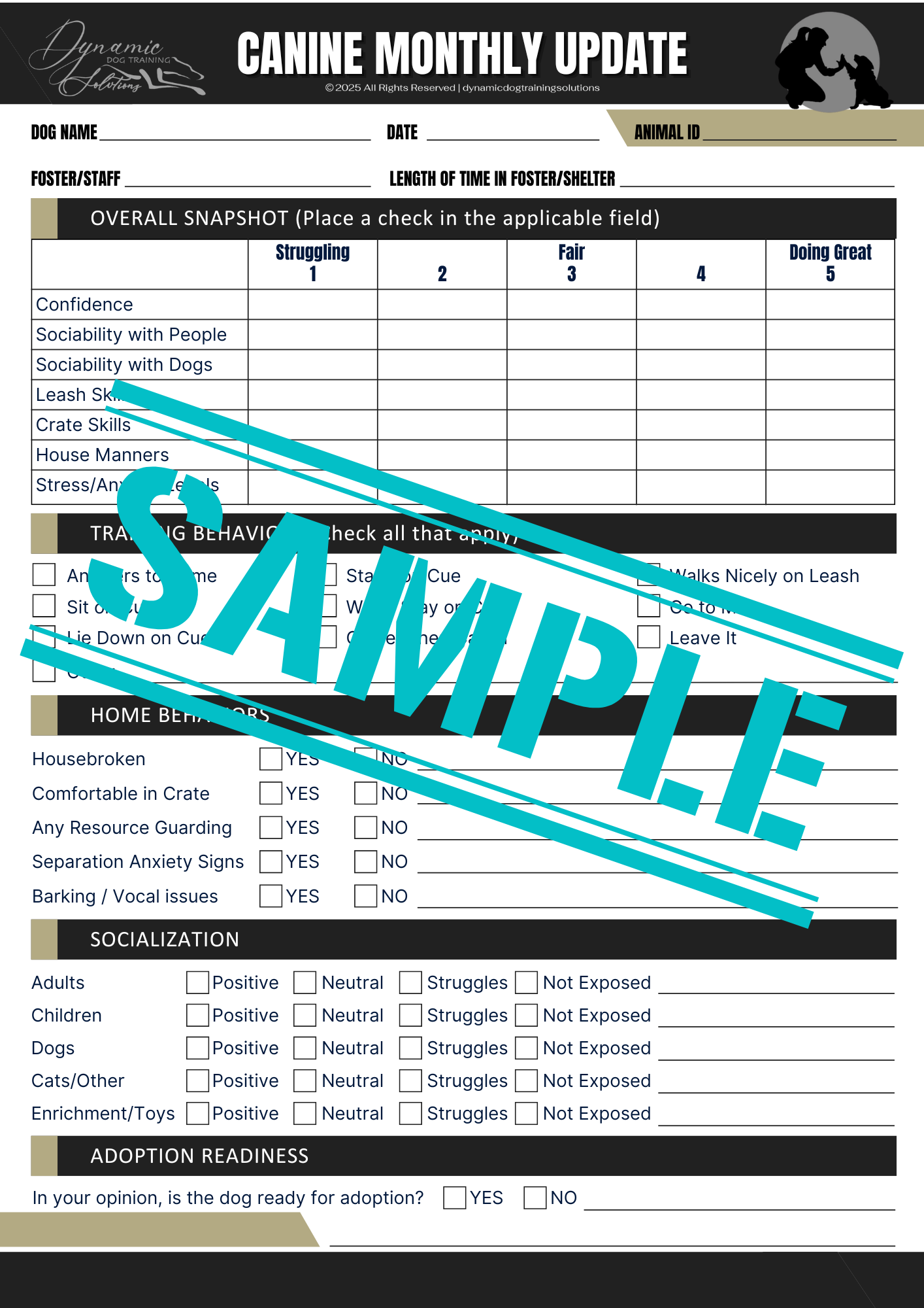 Canine Monthly Update Form (Fillable PDF)