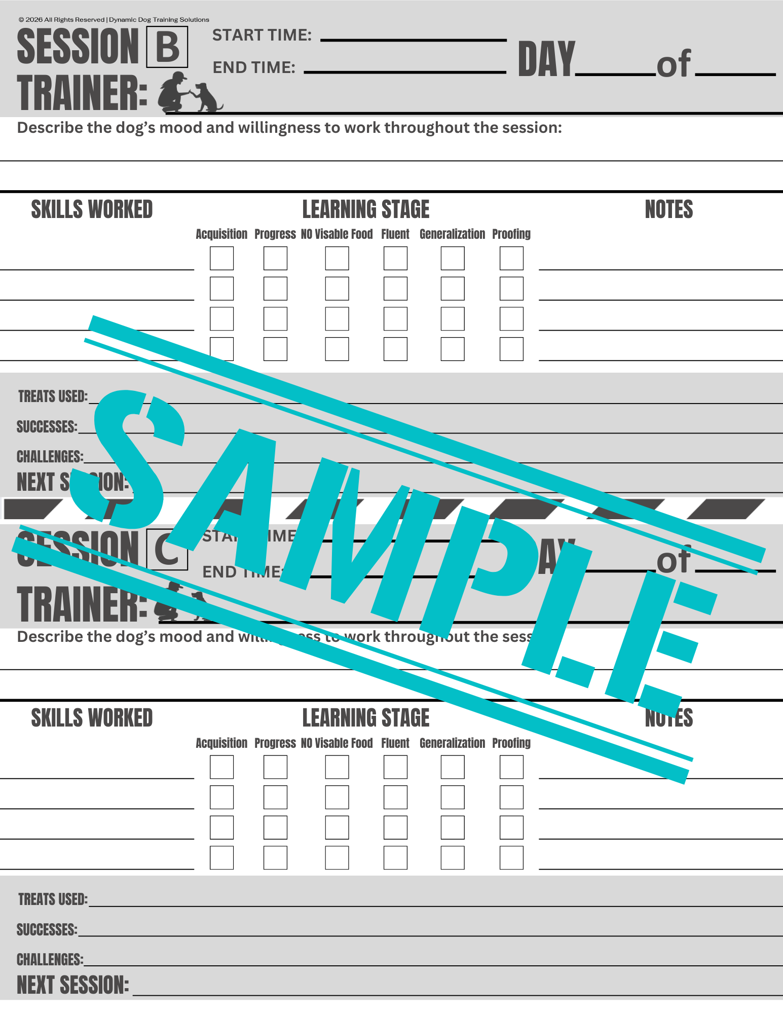 Internal Training Log -3 Daily Sessions per Dog (Fillable PDF)