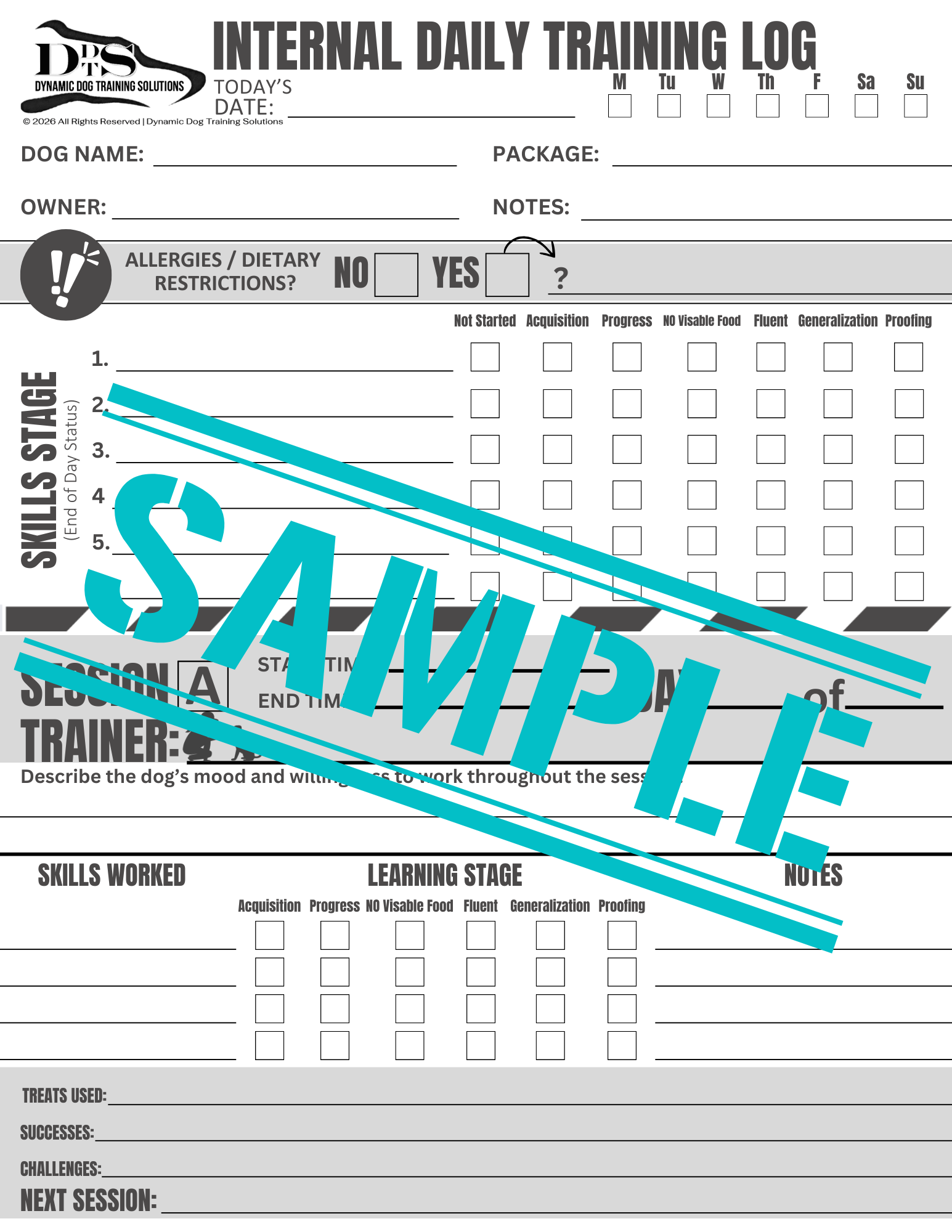 Internal Training Log -3 Daily Sessions per Dog (Fillable PDF)