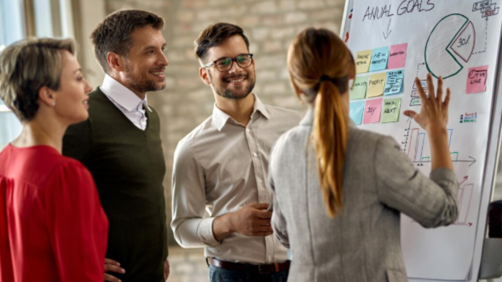 Cuatro personas en una oficina observan una pizarra con diagramas y notas. Una mujer señala la pizarra.