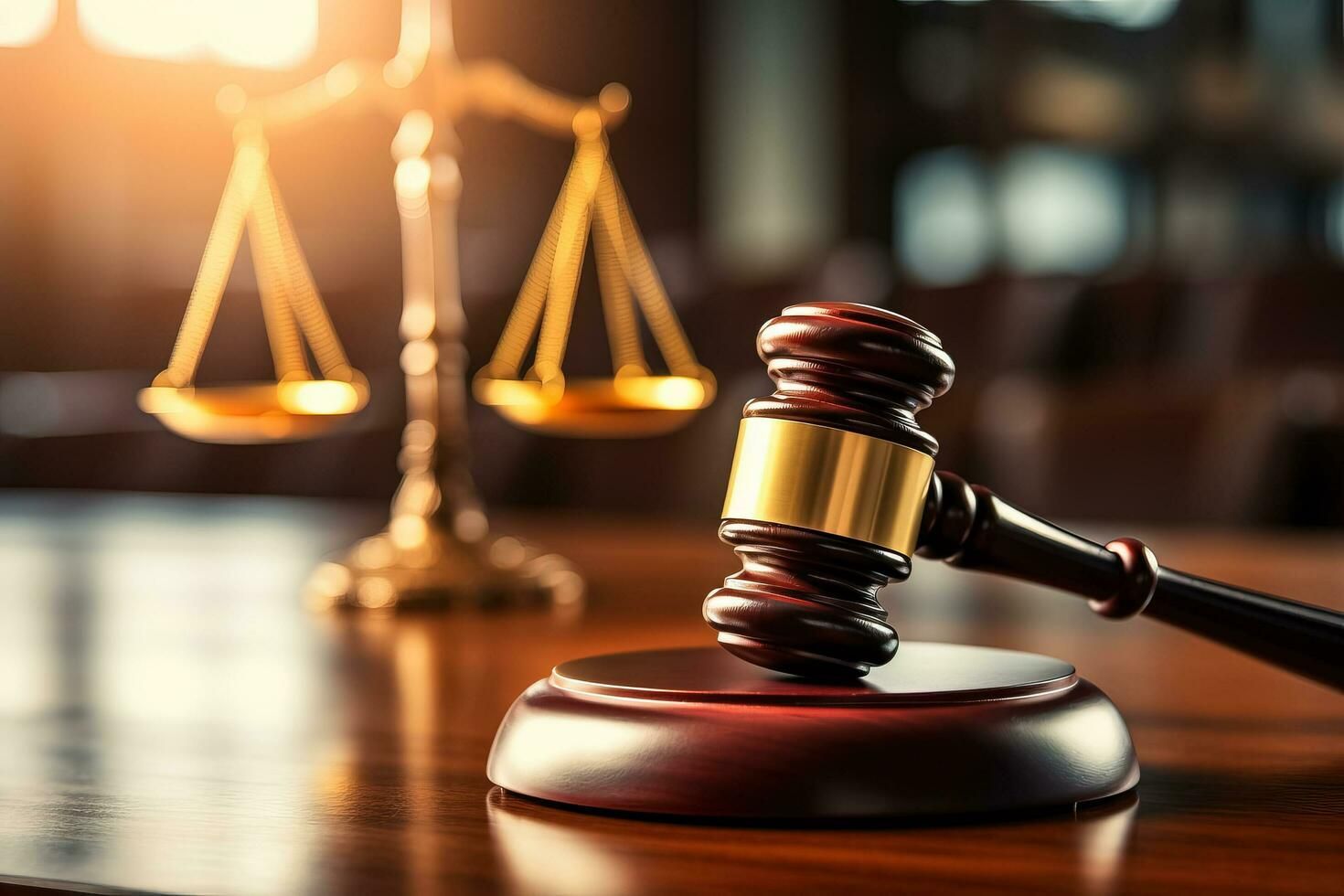 A judge 's gavel is sitting on a wooden table in front of a scale of justice.
