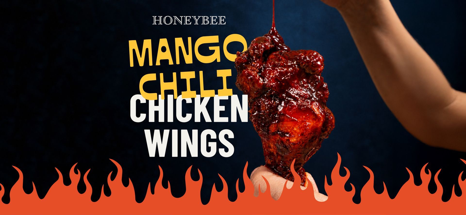 Honey soy mango chili chicken wings ad with a red glazed wing on a dark background