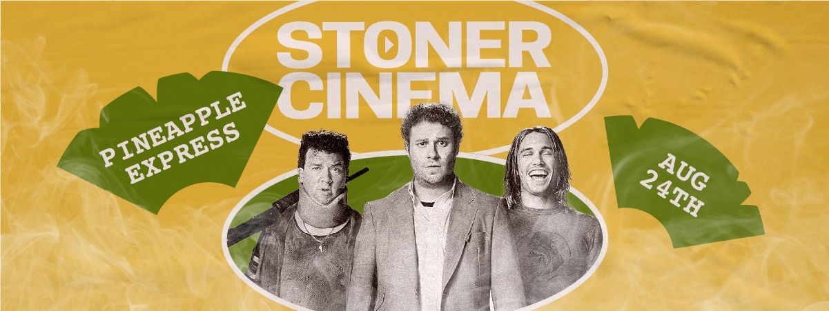 A poster for stoner cinema with a close up of a person 's face.