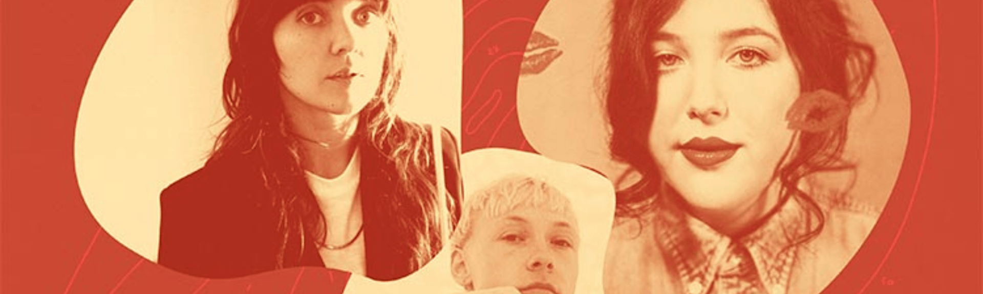 A collage of three women 's faces on a red background.