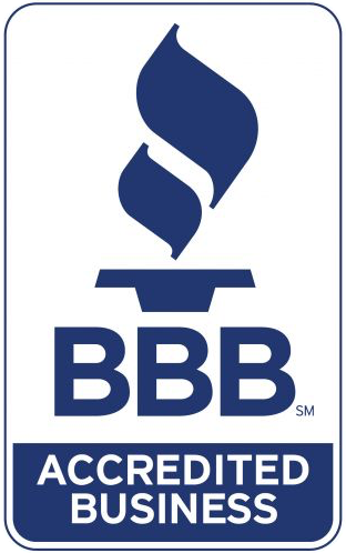 A bbb accredited business logo with a blue flame on a white background.