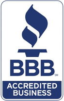 A bbb accredited business logo with a blue flame on a white background.