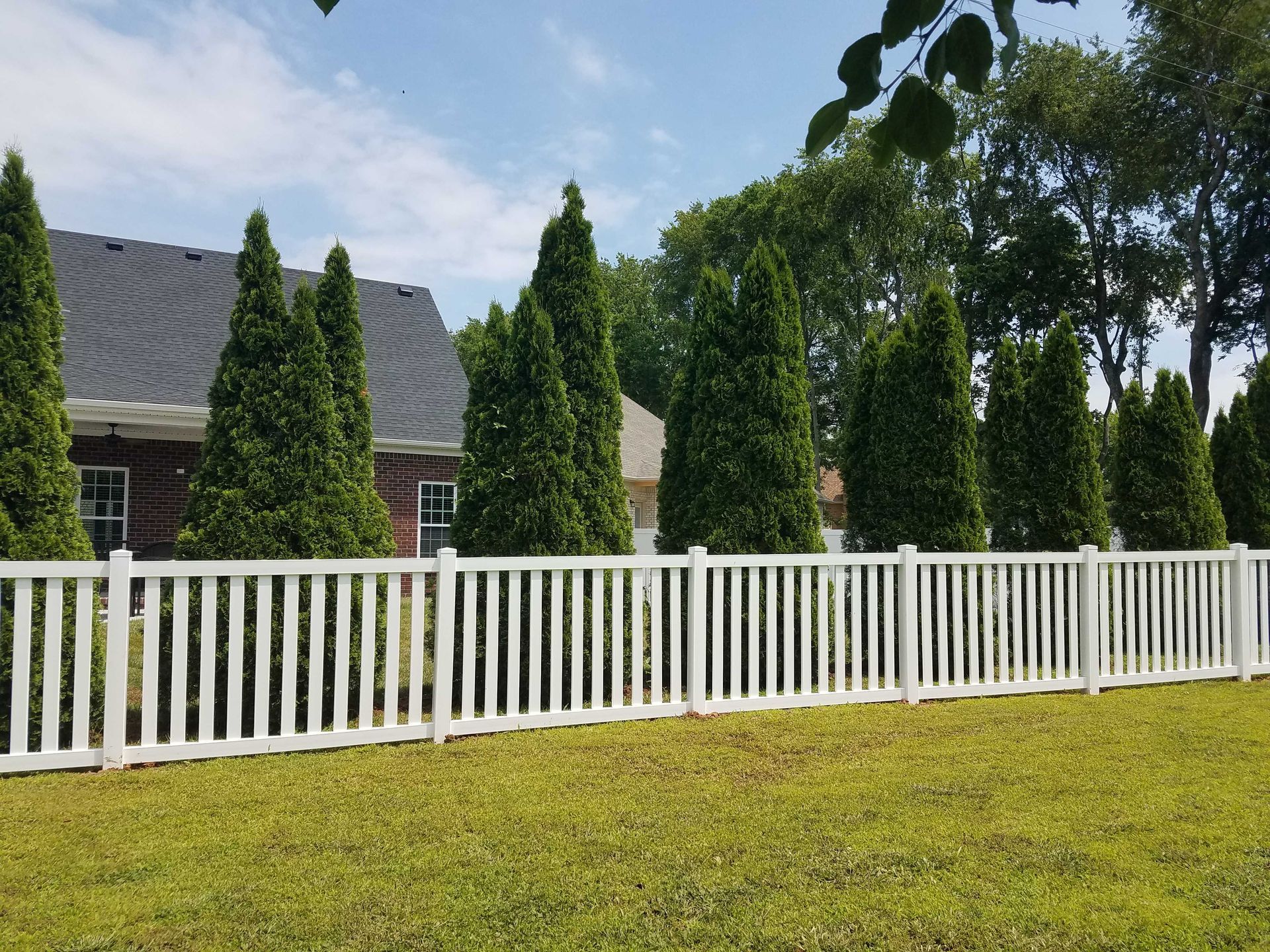 White picket fence in front of evergreen trees and a house with a dark roof, on a grassy lawn.