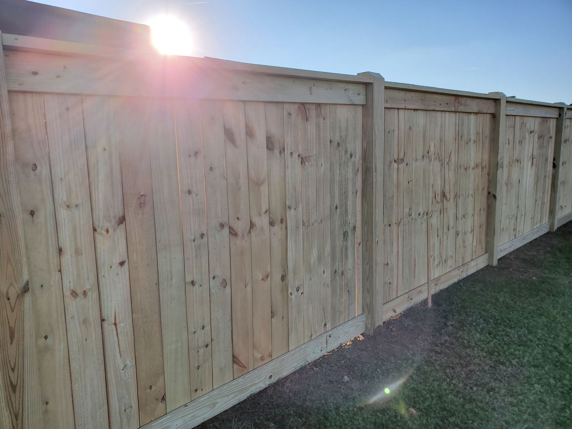 Wooden fence in a yard, sunlight shining.