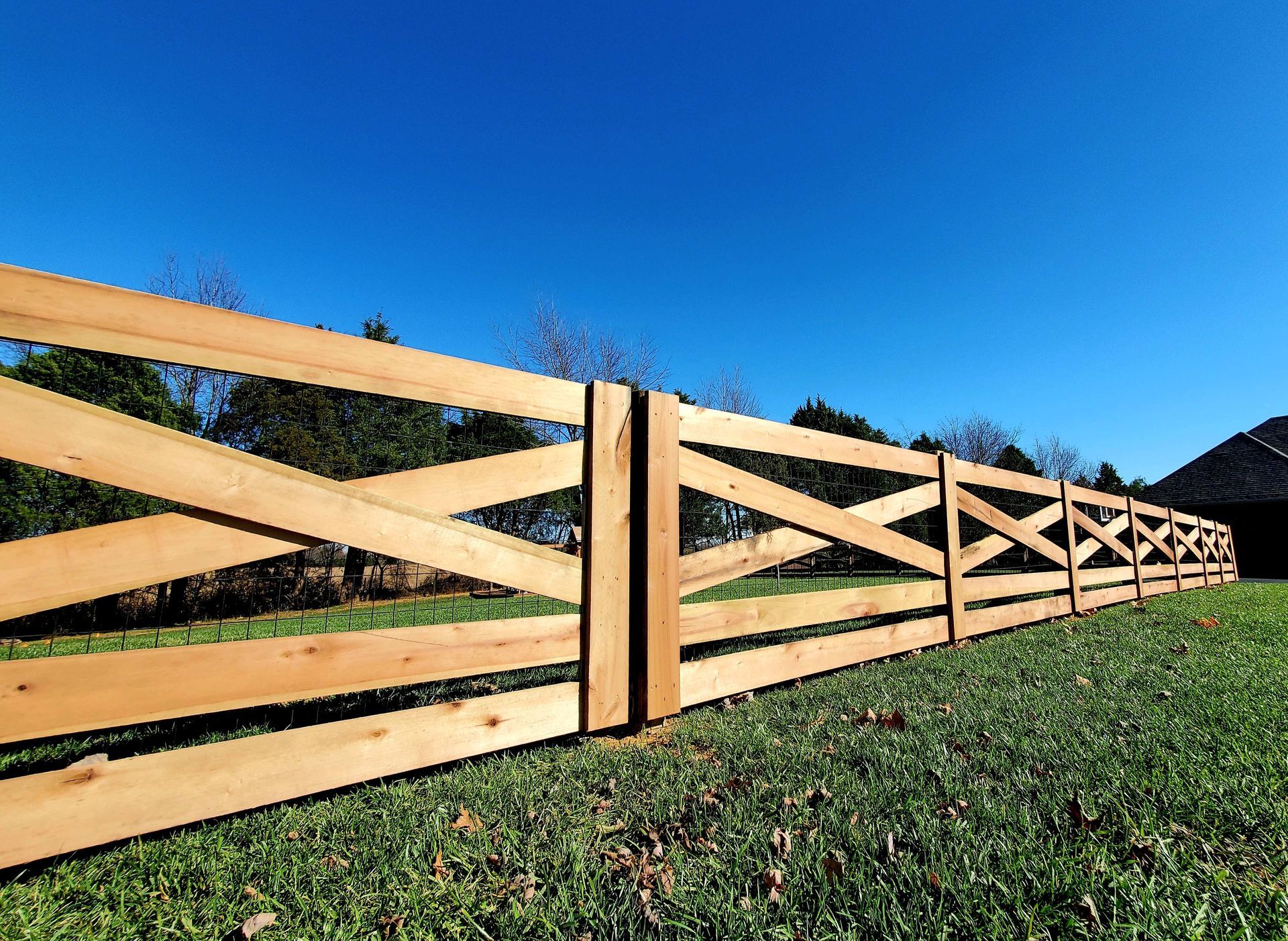 Wooden fence in a grassy yard under a blue sky, trees in the background.