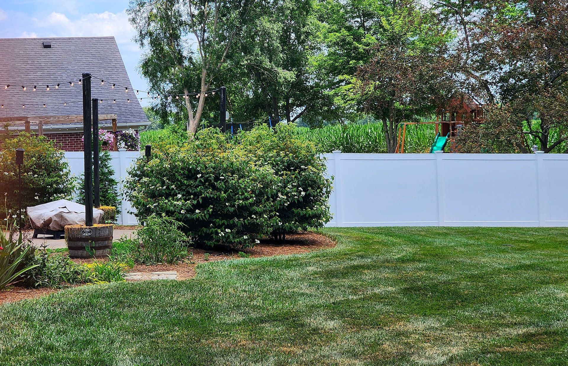 Green lawn, shrubs, and white fence in a yard with trees and a partially visible structure with string lights.