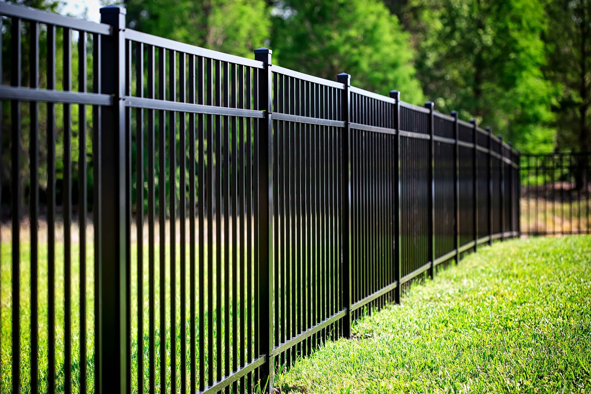 Black flat-top aluminum fence lining a manicured green lawn with lush trees in the background Black flat-top aluminum fence lining a manicured green lawn with lush trees in the background