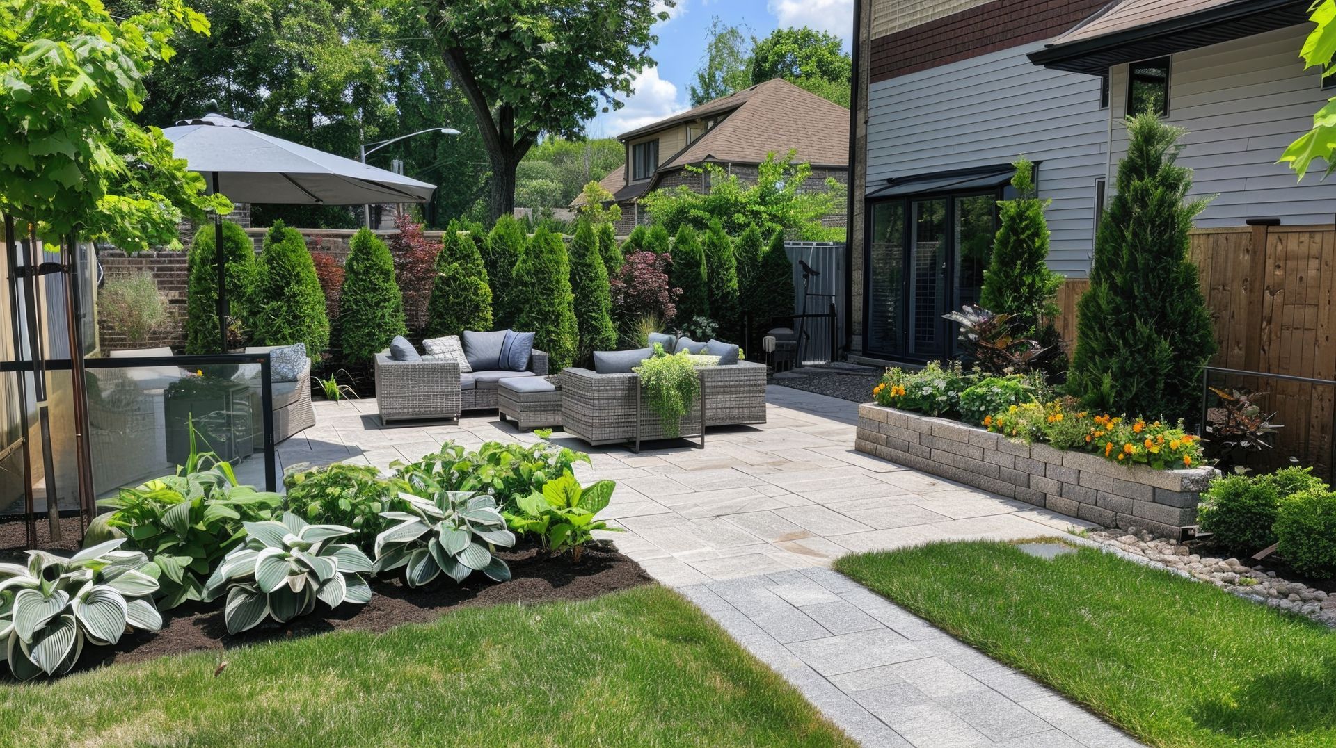 Landscaped backyard with patio seating, pavers, garden beds, and lush greenery. Landscaped backyard with patio seating, pavers, garden beds, and lush greenery.