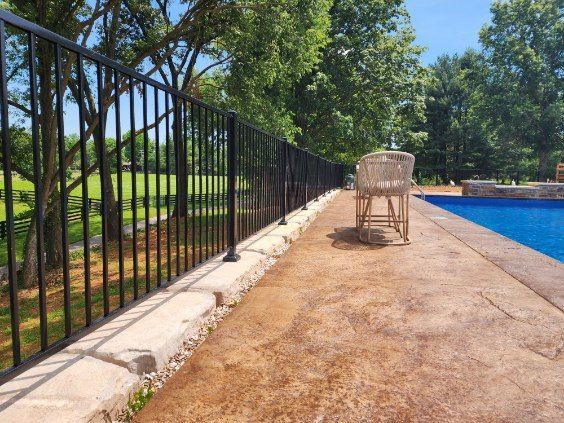 Black metal fence next to a pool, concrete patio, and a tree-lined backyard.