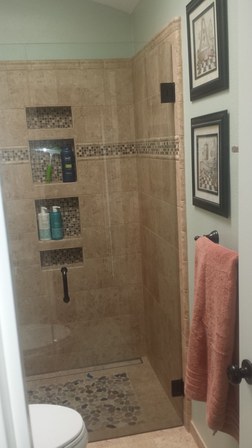 A bathroom with a walk in shower and a toilet.