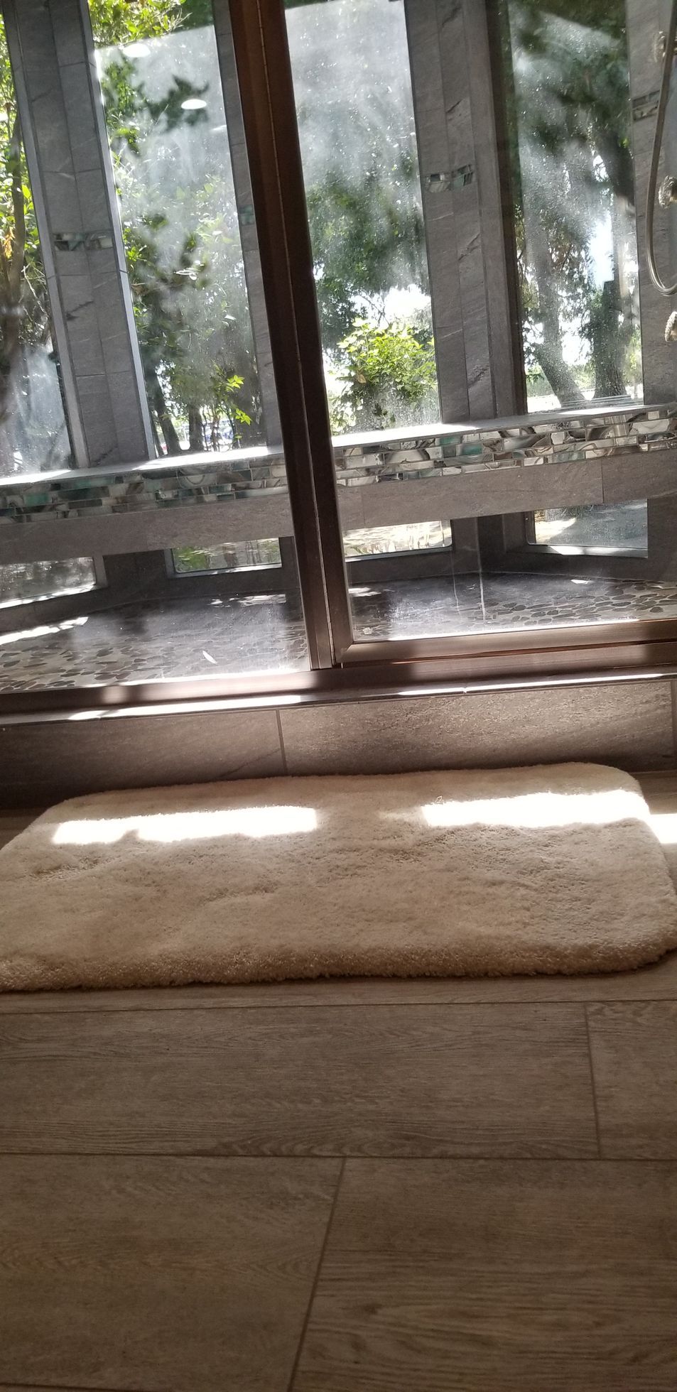 There is a rug on the floor in front of a window.