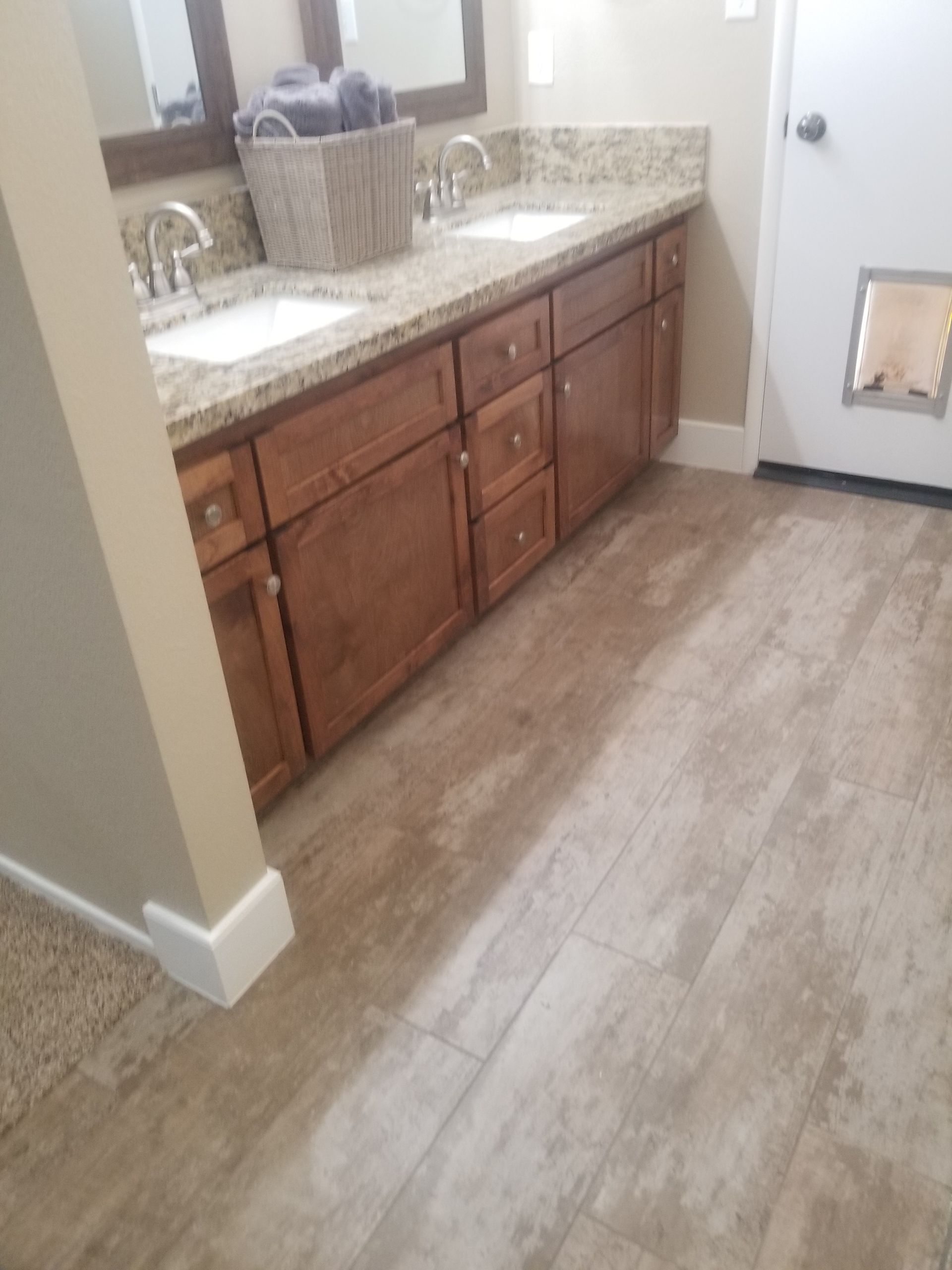 A bathroom with two sinks and a cat door.