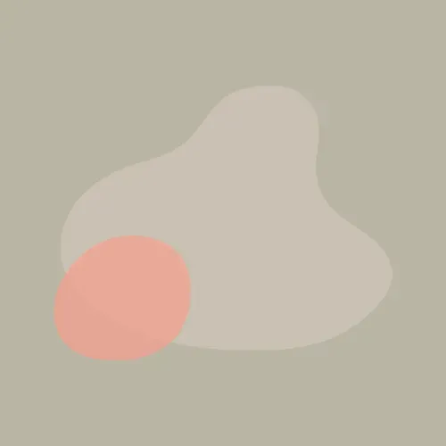 En abstrakt komposisjon med en myk rosa oval som overlapper en større, uregelmessig, beige-tonet organisk form på en salviebakgrunn.