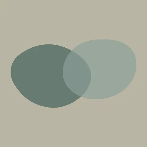 To overlappende ovaler i forskjellige nyanser av dempet blågrønn på en nøytral grå bakgrunn.